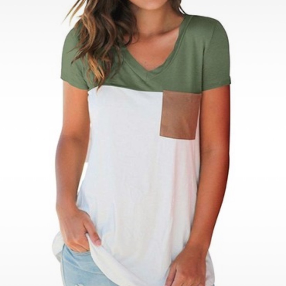 Multicolored vneck with suede pocket, NWOT